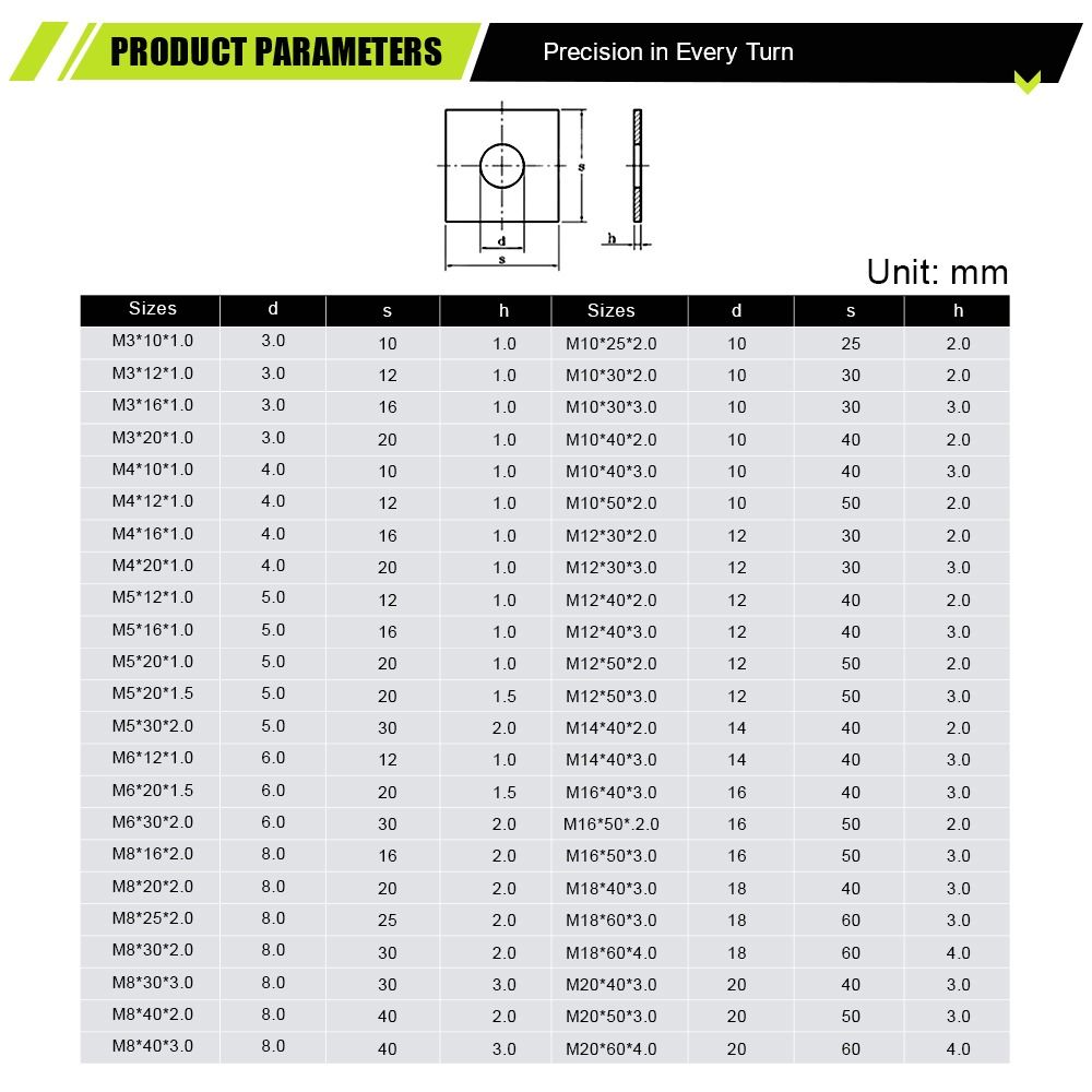 10Pcs M3-M20 Square Flat Washer Square Design Square Gasket  for Construction Machinery