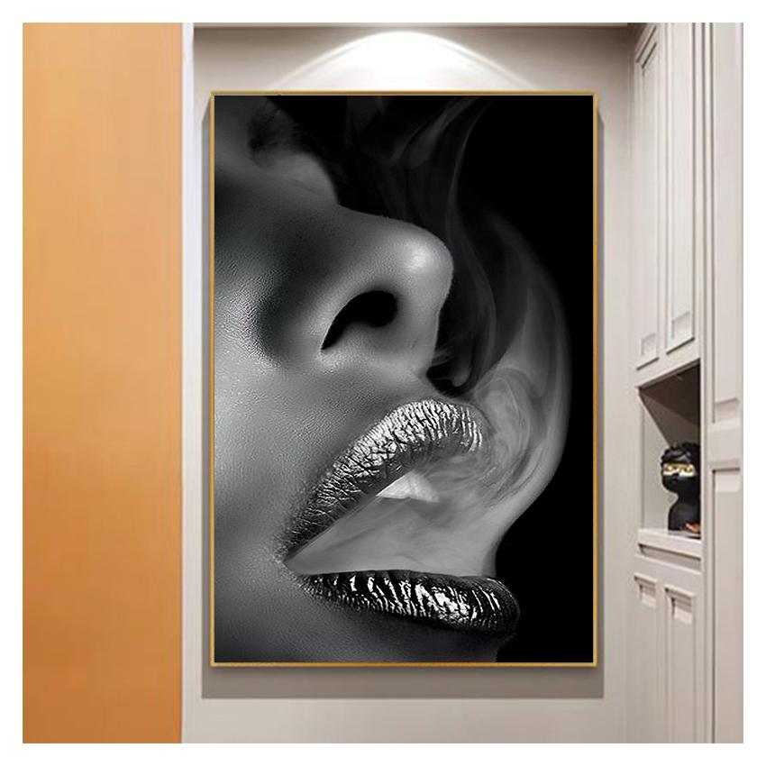 Malerei Frauenporträt Skandinavien Poster und Drucke Wandkunst Bilder Für Wohnzimmer Sofa Schwarz Weiß Lippe Cuadros Leinwand