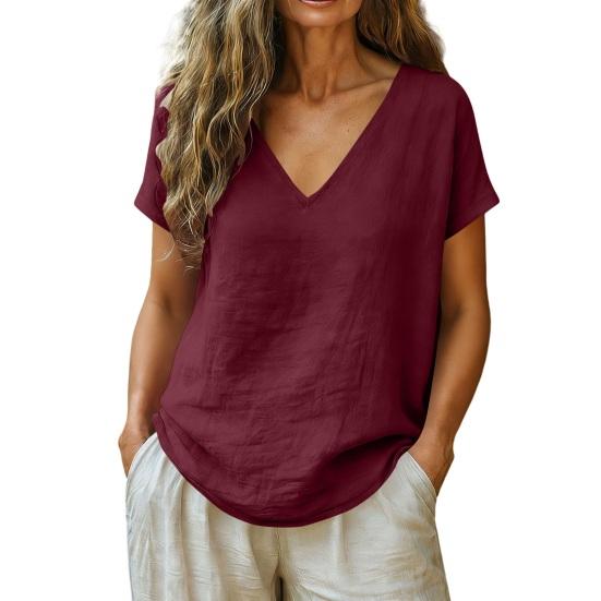 

Women Tops V-Neck Short Sleeve Loose Fit Tee Tops Pure Color Casual Summer Blouse Outdoor Travel Daily Wear M