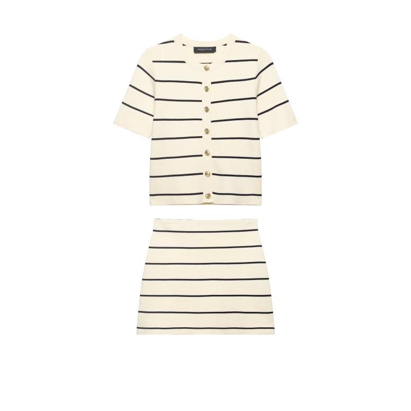 2026 Spring European-Style Striped Knit Cardigan with Half Skirt