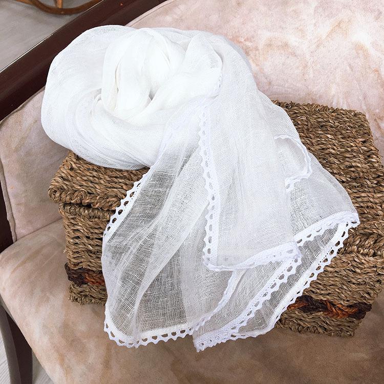 Spring And Autumn Thin Pure Linen Scarf Lace Literary Versatile Pure White Scarf Ladies Summer Sunshade Silk Scarf Korean Version