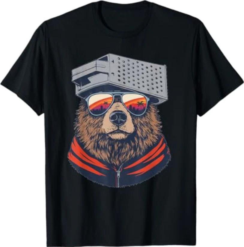 Retro Bear With Cheese Grater Hat And Sunglasses Sunset Art TShirt S