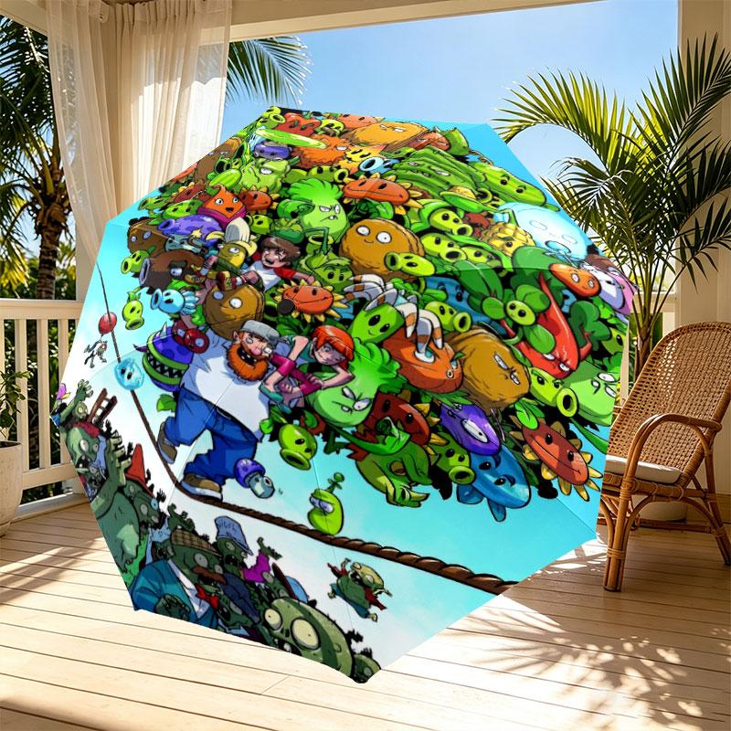 Plants Vs. Zombies Print Automatic Open Close Umbrella, Portable Foldable Umbrella, for Outdoor Commute Camping Trip, Ideal Birthday Gift