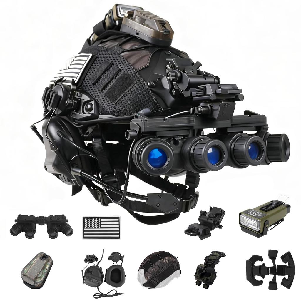 Set Casco Tattico Casco Protettivo Regolabile FAST con Cuffie Luce Sopravvivenza Modello NVG Luce Segnalazione per CS Airsoft Cosplay