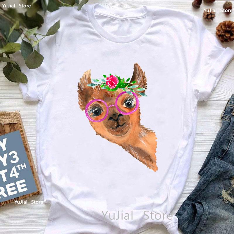 Kawaii Alpaca With Flowers And Coffee Print T Shirt Girls Summer Short Sleeve Tshirt Femme Fashion Tops Tee Shirt Female