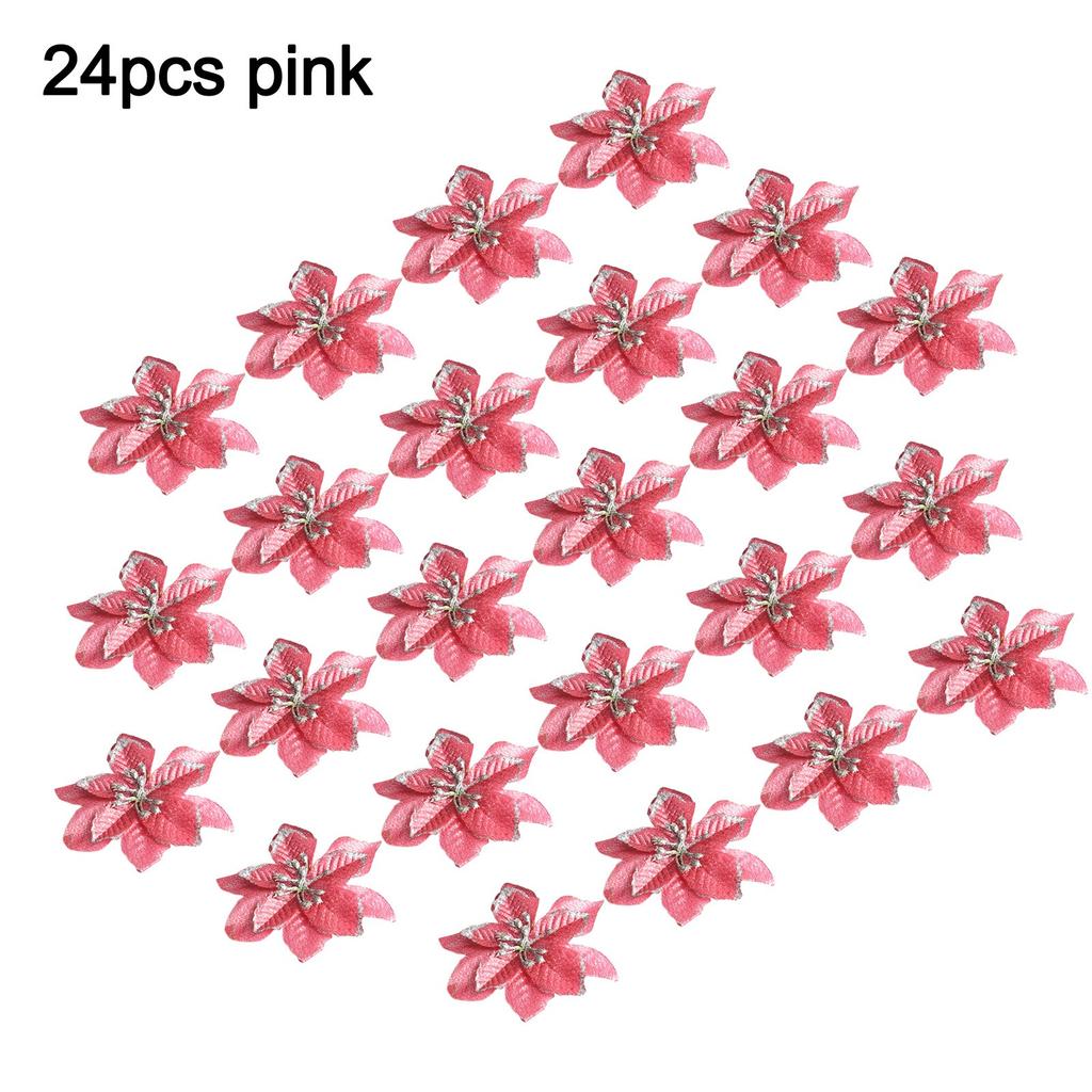 5/24PCS Glitter Artificial Poinsettia Christmas Tree Ornament Home Decor Flower