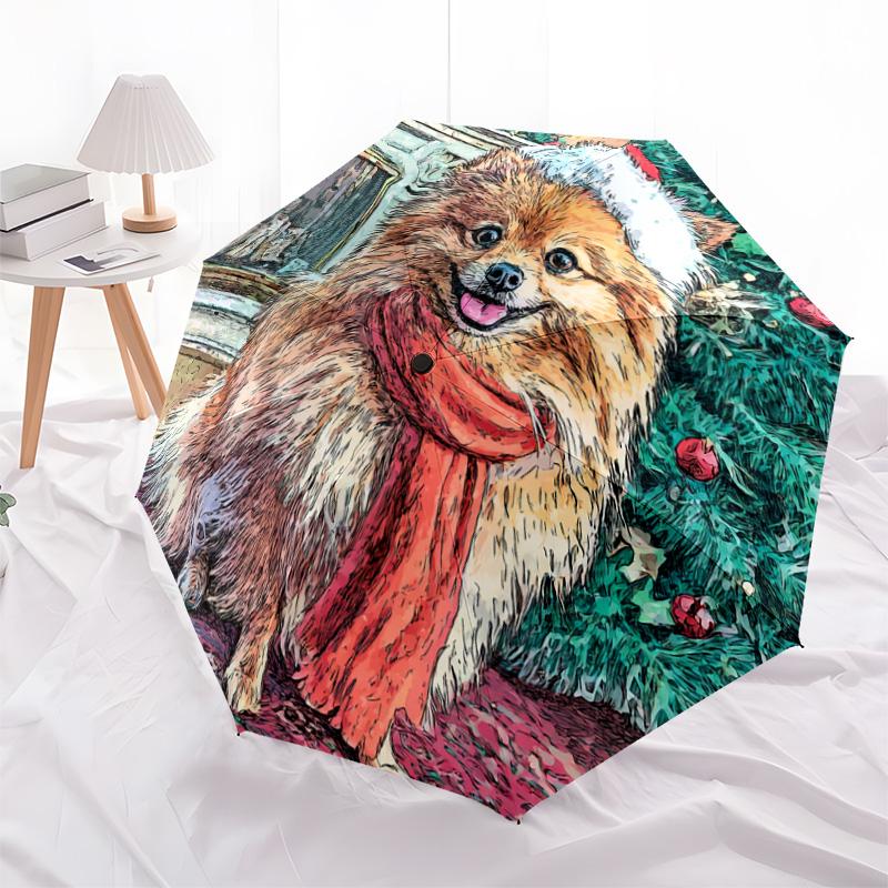 1 PC Automatic Folding Umbrella - Pomeranian Pattern, Portable & Foldable Design with 8 Ribs, Christmas Birthday Gifts