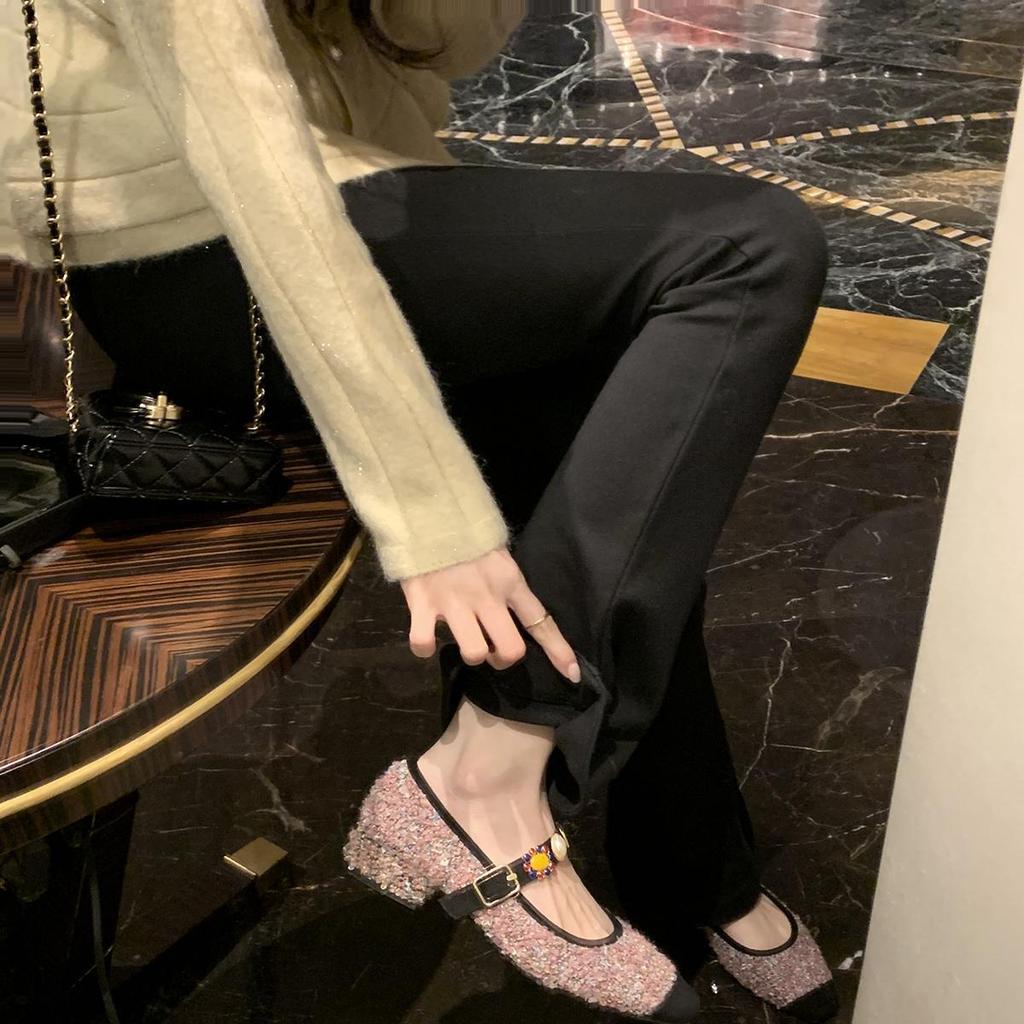 Sheepskin Grape Mother Same French Square Head Tweed Small Fragrant High Heels Badge Mary Jane Shoes Women's Shallow Mouth Single Shoes