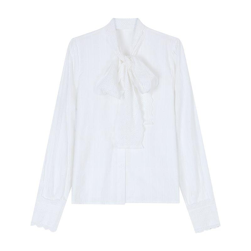 

Kumikumi French Style Bow Lace-up Long Sleeve Shirt Women s Autumn Stylish Micro Transparent Loose Inner Wear Blouse White L