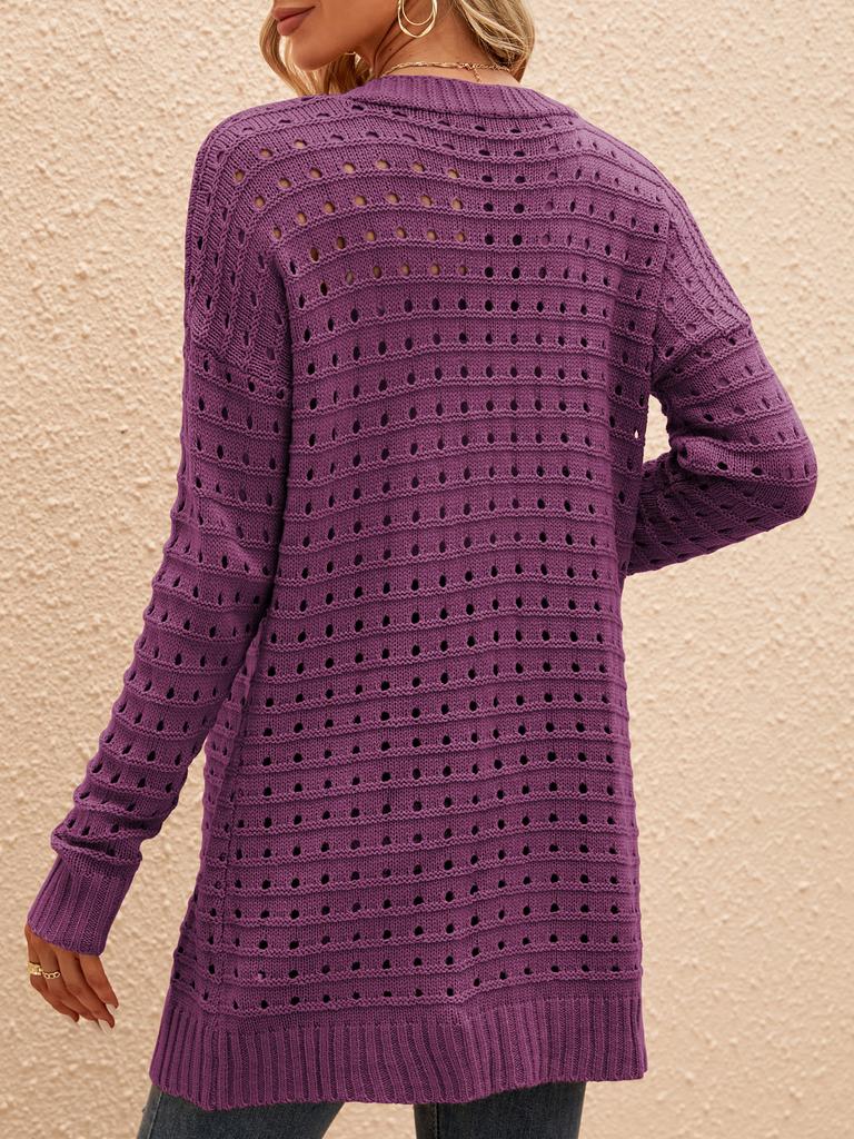 Dámský kardigan s otevřeným předním dílem, dlouhým rukávem, dírkovaný, volný, pletený, ležérní kabát