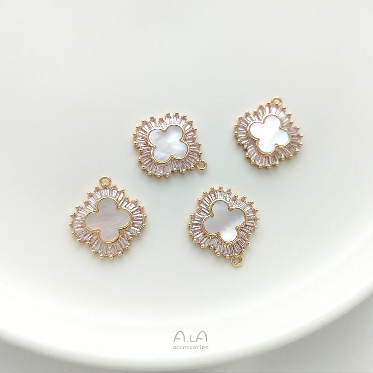 14K Gold-Filled Four-Leaf Clover Pendant with Inlaid Mother of Pearl, Zircon, and Abalone Shell - DIY Necklace/Bracelet Charm