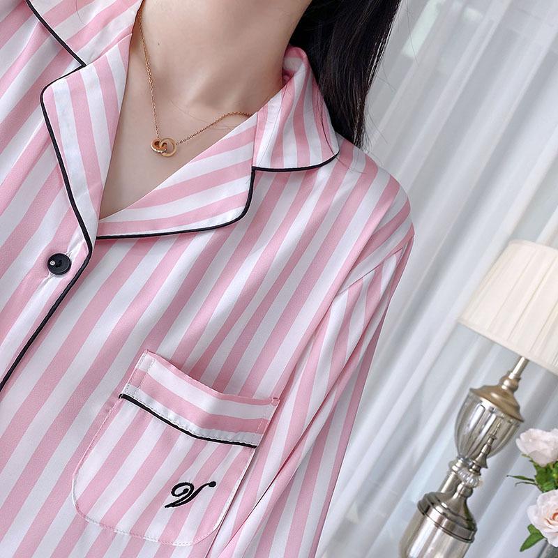 Rosa gestreiftes Pyjama-Set, Loungewear, lange Ärmel, Hose, Homewear, bedrucktes Revers, Nachtwäsche aus Satin, lockere Freizeitnachtwäsche für Damen
