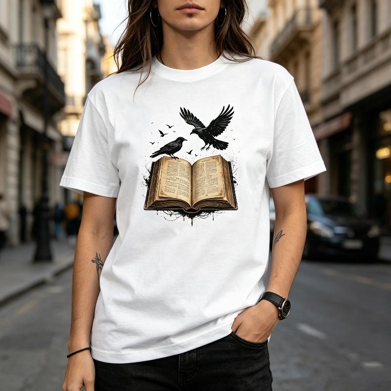 Vintage Crow Book Print Tshirt for Men Women Graphic Tees Casual Streetwear Tops