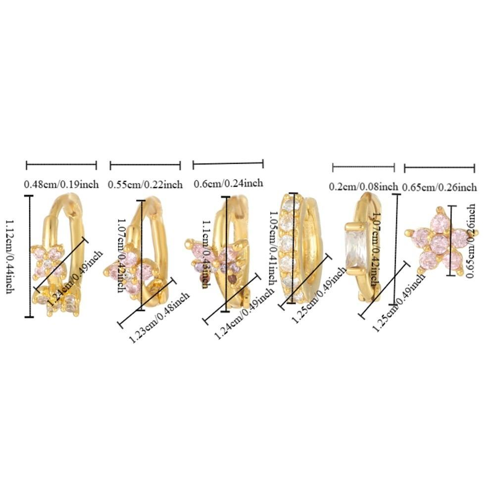 6Pcs Copper Flower Butterfly Earrings Hook Piercing Crystal Ear Studs Zircon Earring Set  Ladies