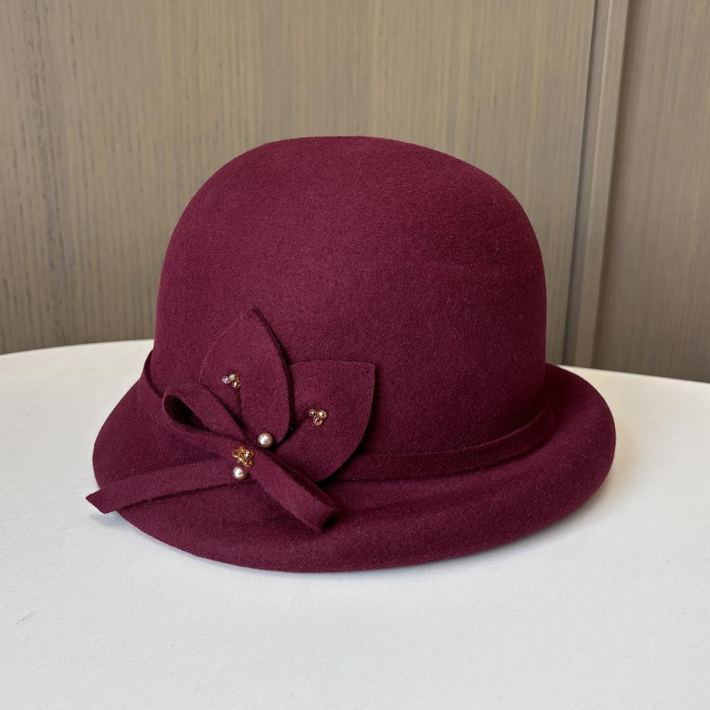 Ladies Crimped Bucket Hat Elegant Versatile Felt Hat Three-Dimensional Flower Woolen Top Hat Autumn And Winter Retro Pot Hat