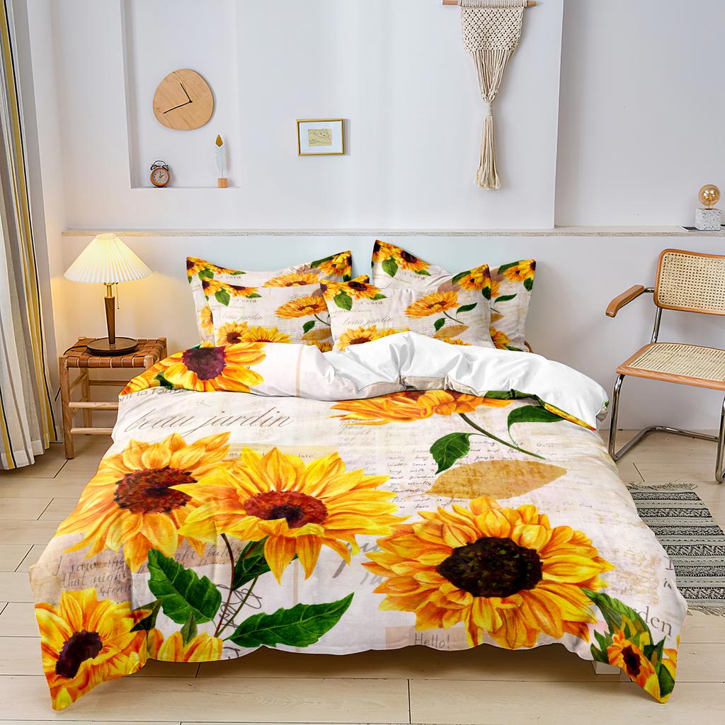 Ensemble de housse de couette Tournesol 3 pièces, Literie Florale Vintage avec taies d'oreiller, Housse de couette douce pour chambre d'adulte, dortoir