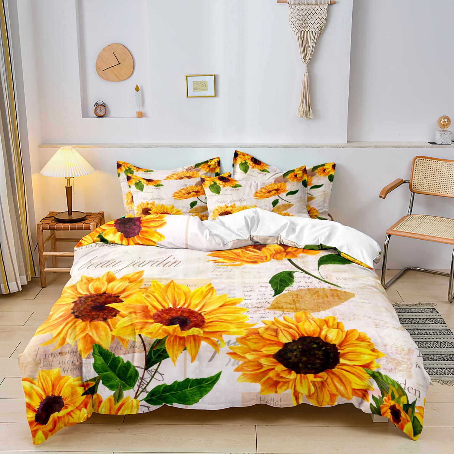 3Pcs Sunflower Duvet Cover Set, Vintage Floral Bedding with Pillowcases, Soft Comforter Cover for Adult Home Bedroom Dorm Decor 135x200cm