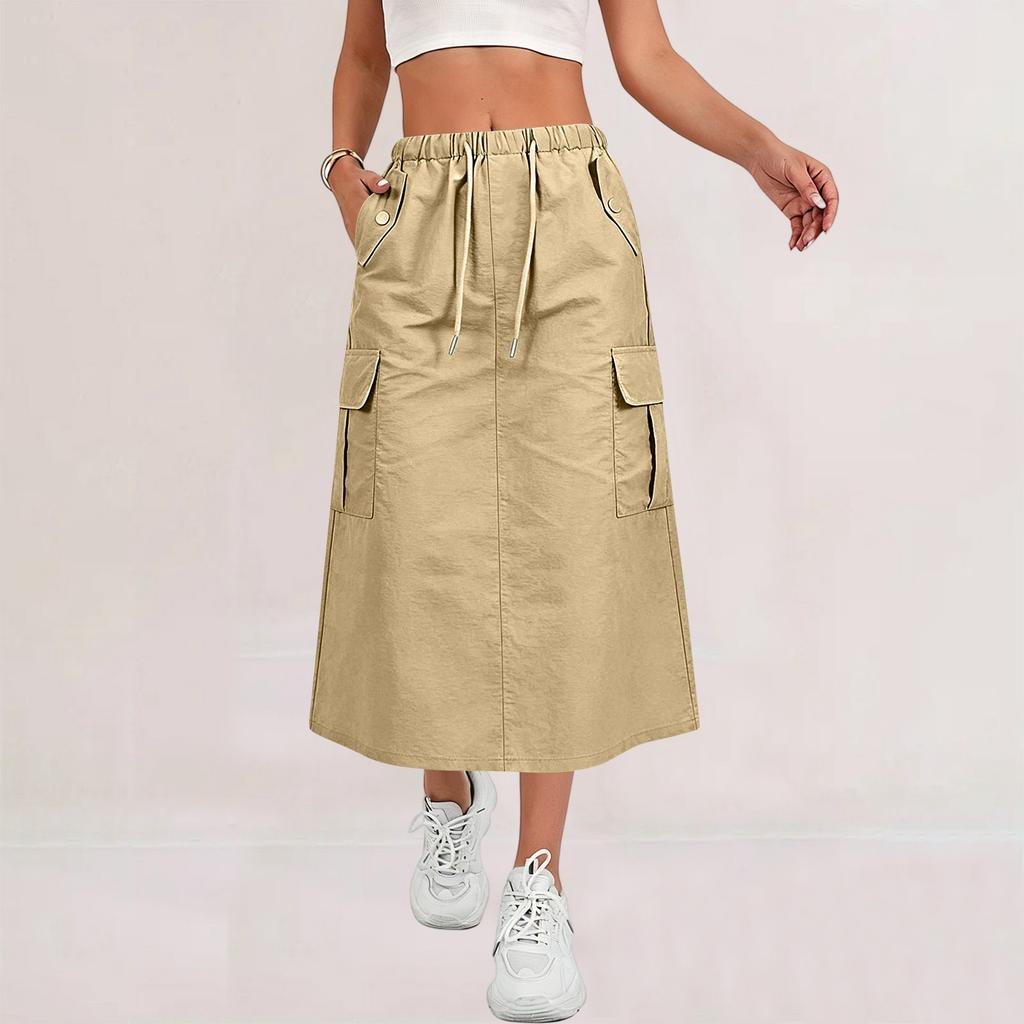 Women's Casual Long Cargo Skirt with Drawstring Waist and Pockets Lightweight Comfortable Workwear Style Skirt for Everyday Use