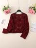 Plus Size Red Crochet Knit Sweater with 3D Floral Design for Women