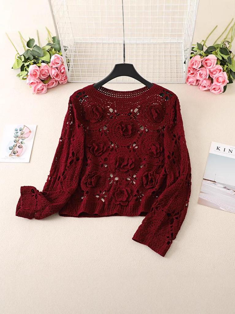 Plus Size Red Crochet Knit Sweater with 3D Floral Design for Women