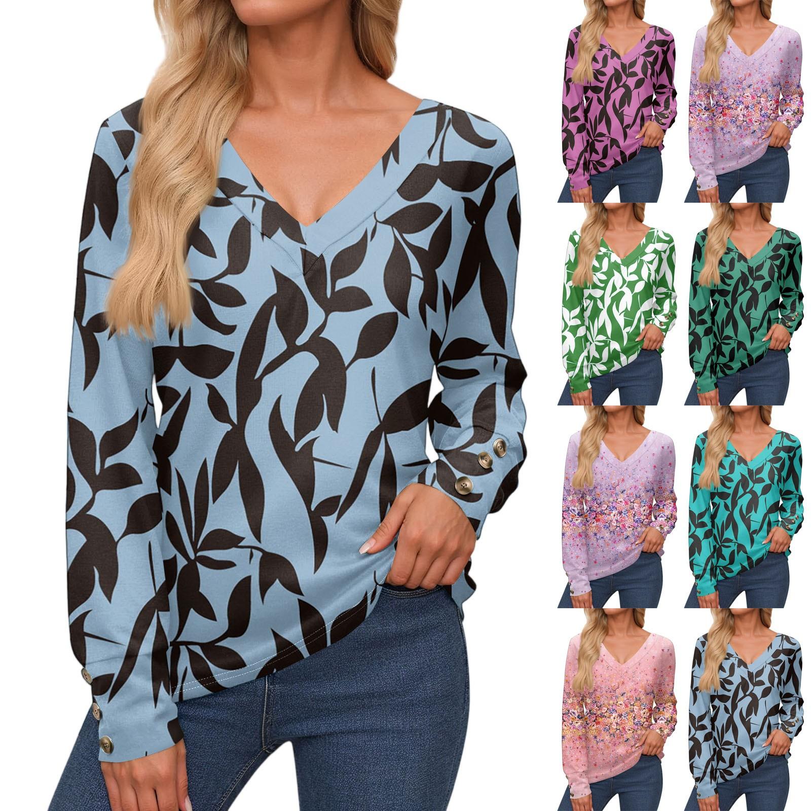

Women s Tops Long Sleeve Cuffs Button-Up Shirt V-Neck Casual Loose Tee Floral Tops XL