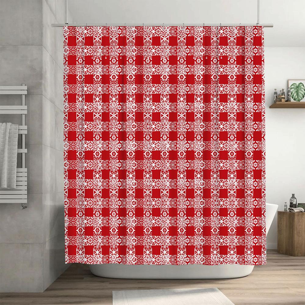Modern Red White Bath Shower Curtain with Geometric Design for Bathroom Decoration Waterproof Fabric Customizable Size Available