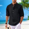 Men's New Solid Color Casual Cotton And Linen Standing Collar Long Sleeved Shirt