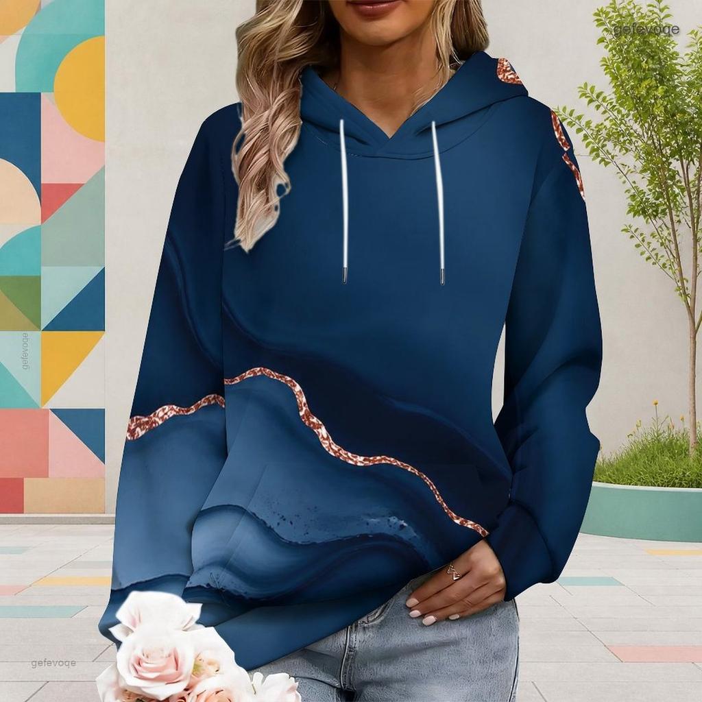 Women Plus Size Navy Blue Printed Long Sleeve Drawstring Hoodie With Kangaroo Pocket
