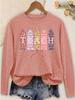 Women's Casual Long Sleeve Tee with Crayon Print PEACH Letter & Bow, Soft Round Neck, Versatile Top for Commute Vacation Outdoor, Gift, Local Shipping