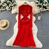 French high-end retro lapel long-sleeved metal buckle slim-fitting and thin temperament vertical pattern knitted dress