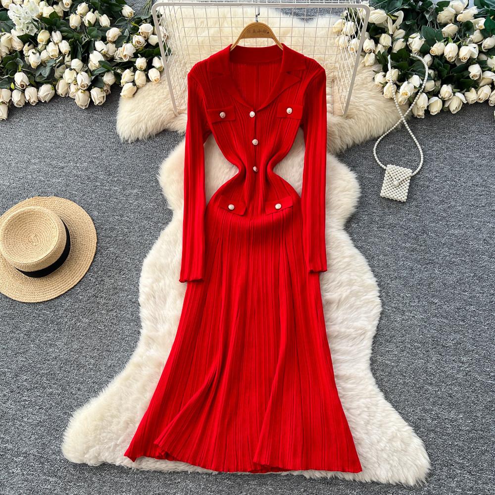 French high-end retro lapel long-sleeved metal buckle slim-fitting and thin temperament vertical pattern knitted dress
