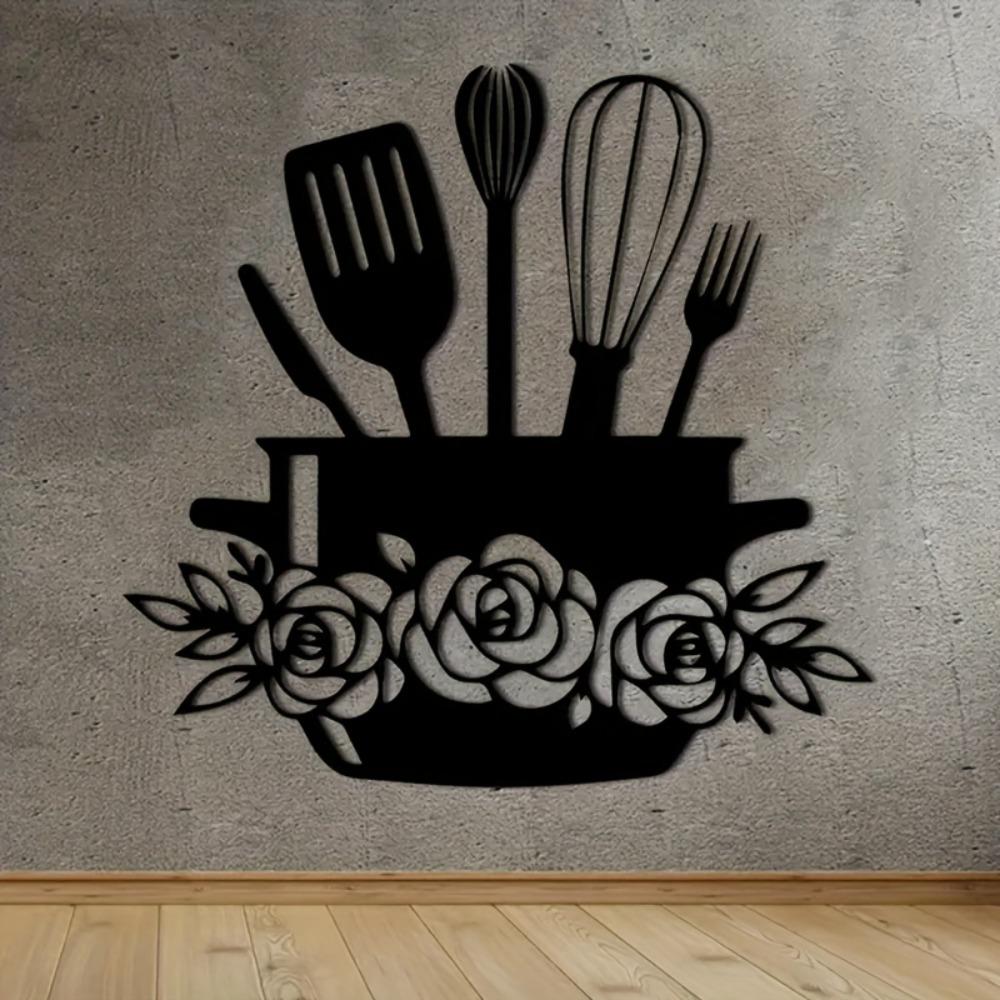 Metal Wall Art Kitchen Decor Black Iron Floral Utensils Durable Easy Install