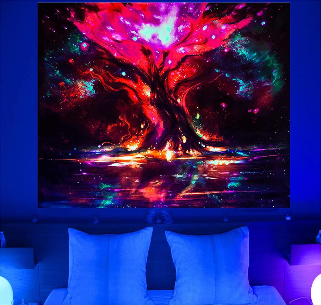 Tapeçaria fluorescente colorida psicodélica de luz negra da árvore da vida com resposta UV para pendurar na parede decoração de quarto hippie