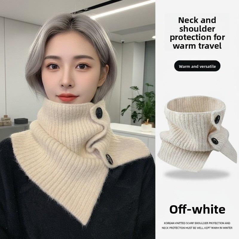 

New neck cover women s autumn and winter scarf, Korean version of solid color cold-proof and warm neck protection shawl, knitted button scarf бежевый