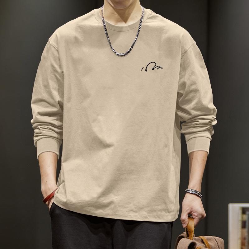 Men's White Long Sleeve T-Shirt - Minimalist Small Signature Print Casual Top