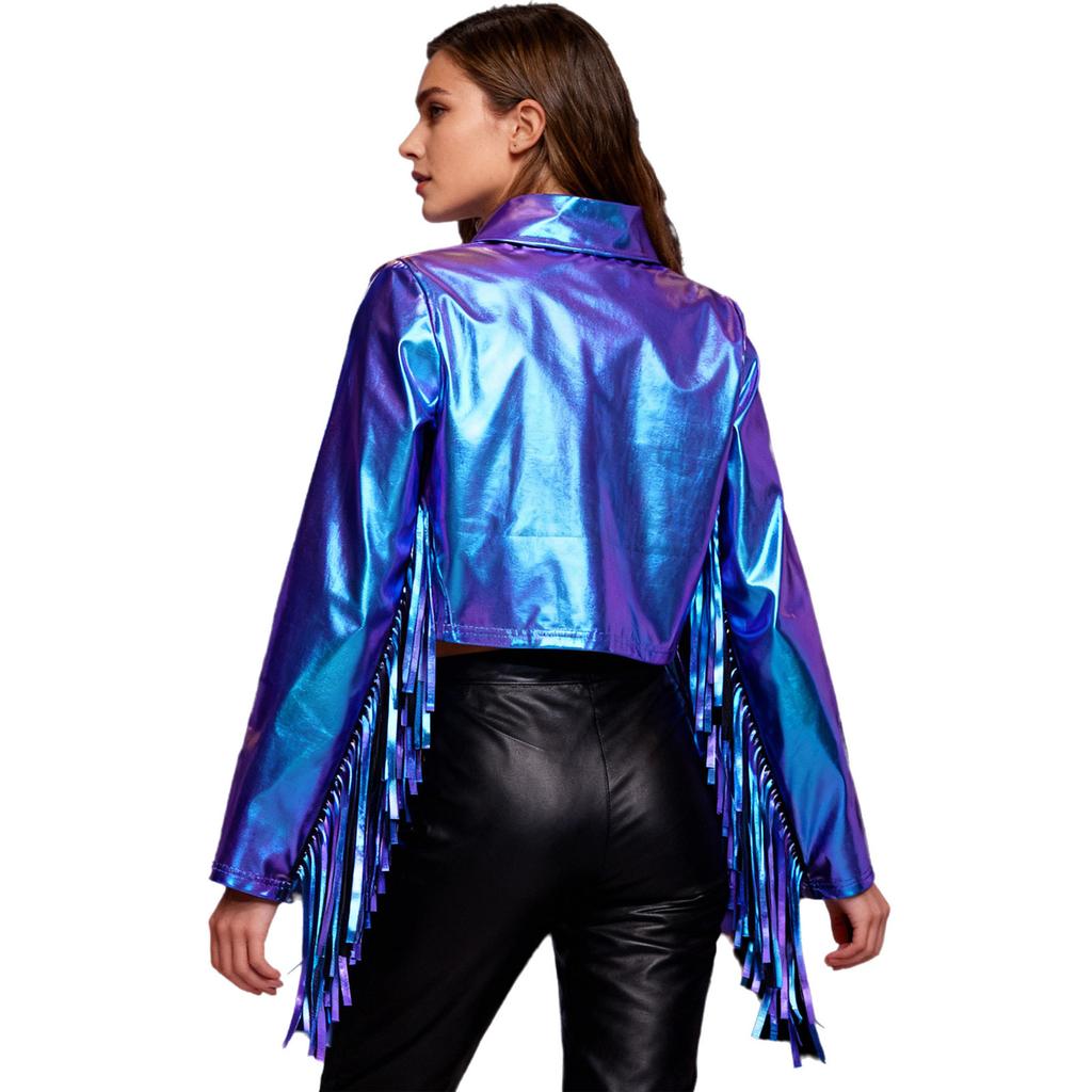 Women's Dance Birthday Party Jacket S-3XL: Tassels Metallic Glossy Turn-Down Collar Long Sleeve Zipper Fringe Shiny Design