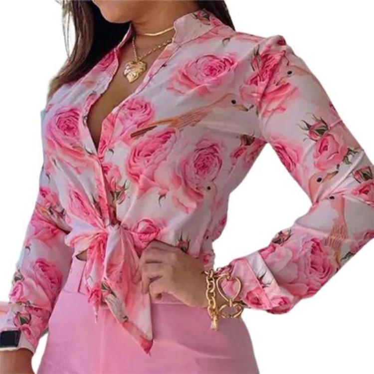 

Elegant Floral Print Blouse Stand Collar Long Sleeve Office Lady Shirt Buttons Down Single Breasted for Spring Summer S розовый