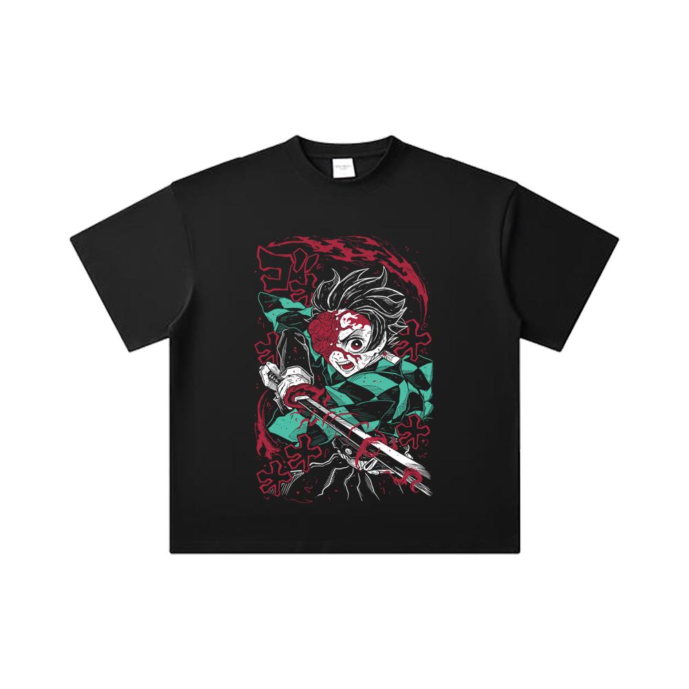 260 GSM Double Yarn 32 Count 100% Cotton Demon Slayer V41 Demon Tanjiro Print Unisex Heavy Cotton T Shirt