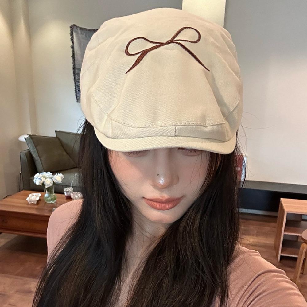 

Береты с бантом в стиле Y2k, корейская шляпа с плоским козырьком, винтажные кепки газетчика с бантом, женские/для девочек бежевый