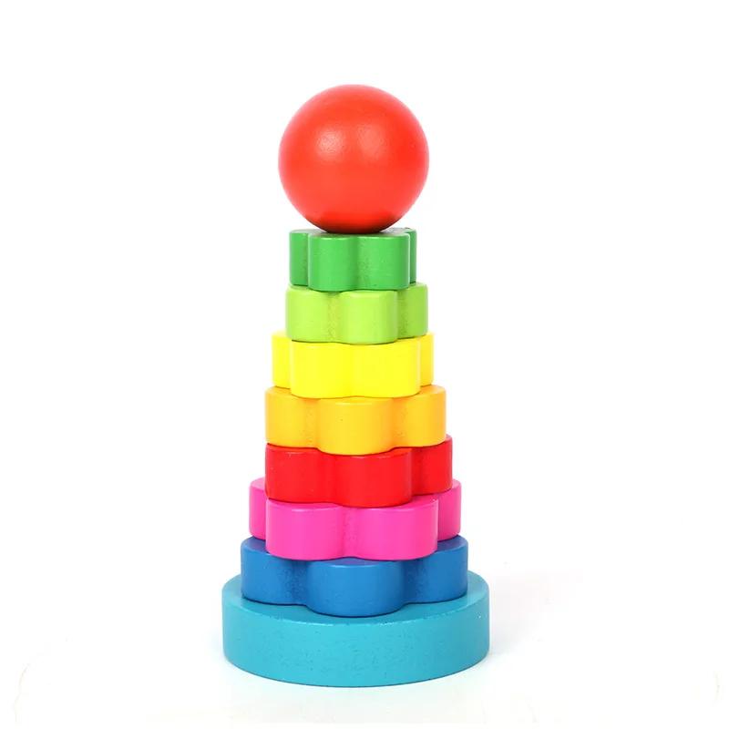 1pc Rainbow Tower Wood Blocks Color Shape Cognitive Play Kids Montessori Educational Wooden Toys for Children Stacking Ring Game