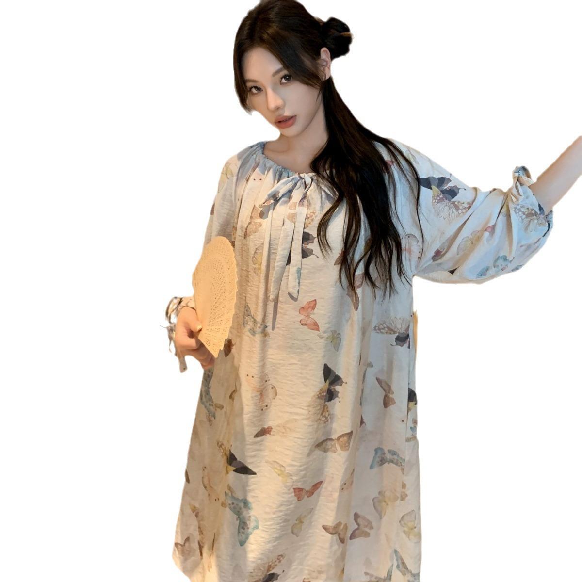 [Ночная рубашка  Облачная бабочка ] 24 летняя свежая ночная рубашка с бабочками для женщин, одежда для кондиционера, пижама, облачный хлопок, можно носить снаружи, домашняя одежда One size fits all