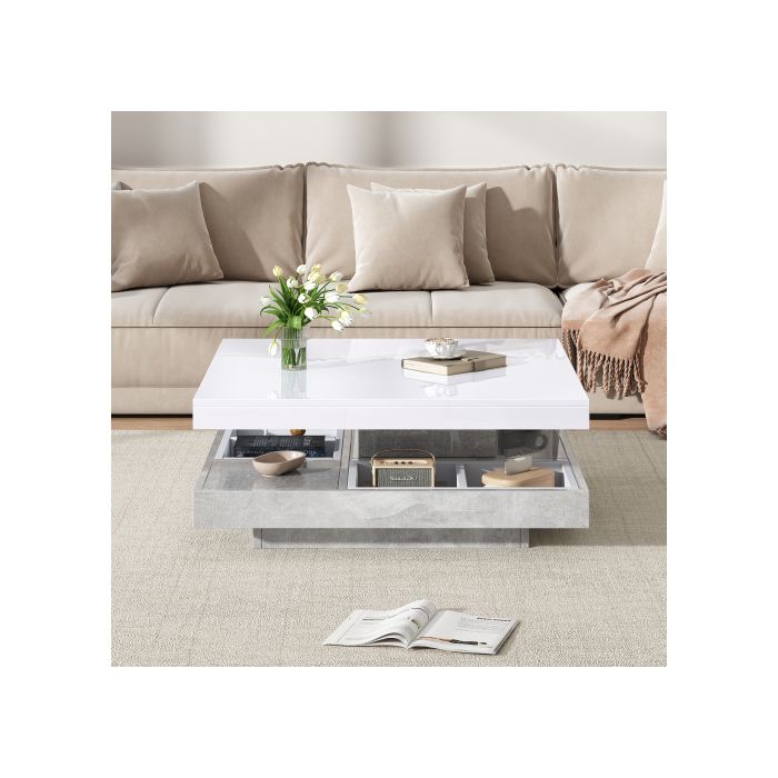 Table Basse - MUVOE - Double Plateau Pivotant - Blanc - Marbré - 70x70cm