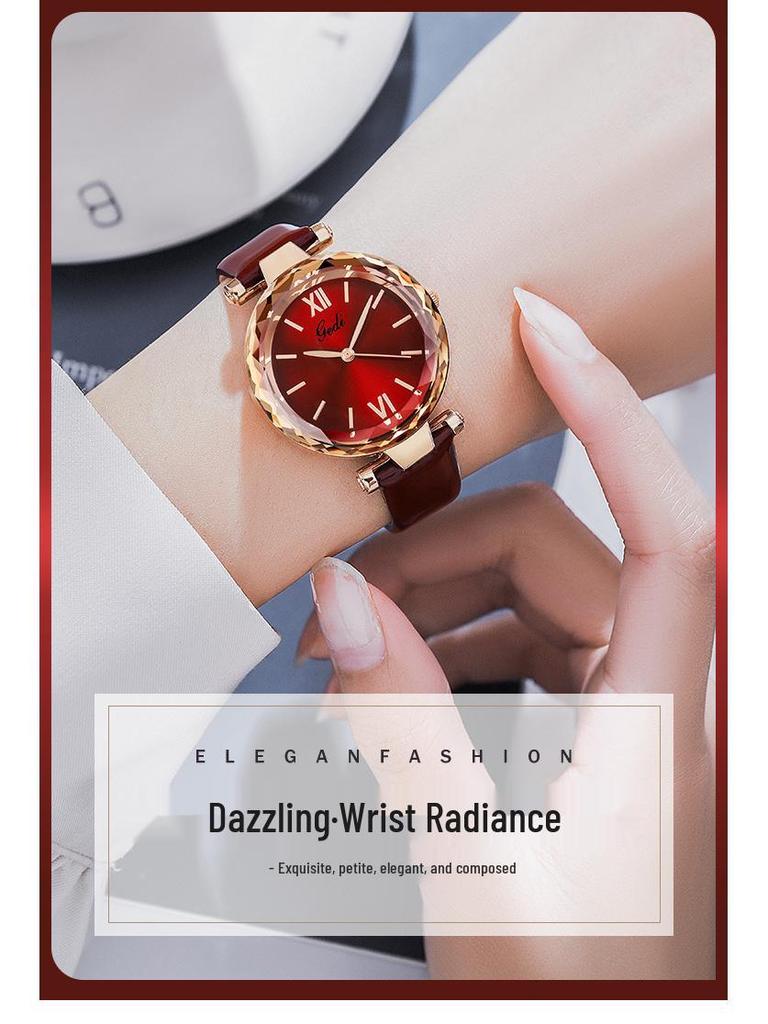 Gedi Damski Jasnoczerwony Skórzany Pasek Zegarek Kwarcowy Wodoodporny