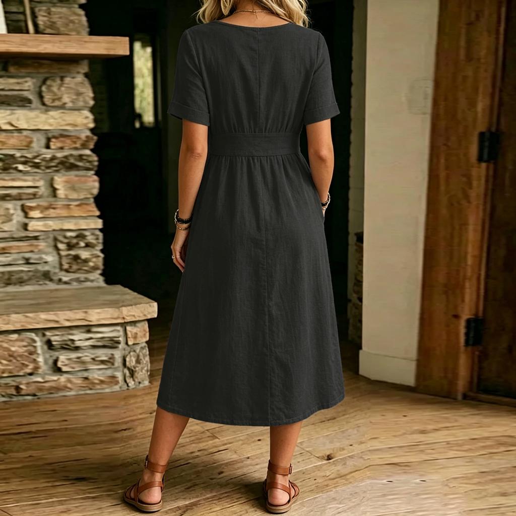 Women Short Sleeve V Neck Button Down Midi Dress with Pockets Casual Loose Fit Summer Linen Dress for Daily Wear