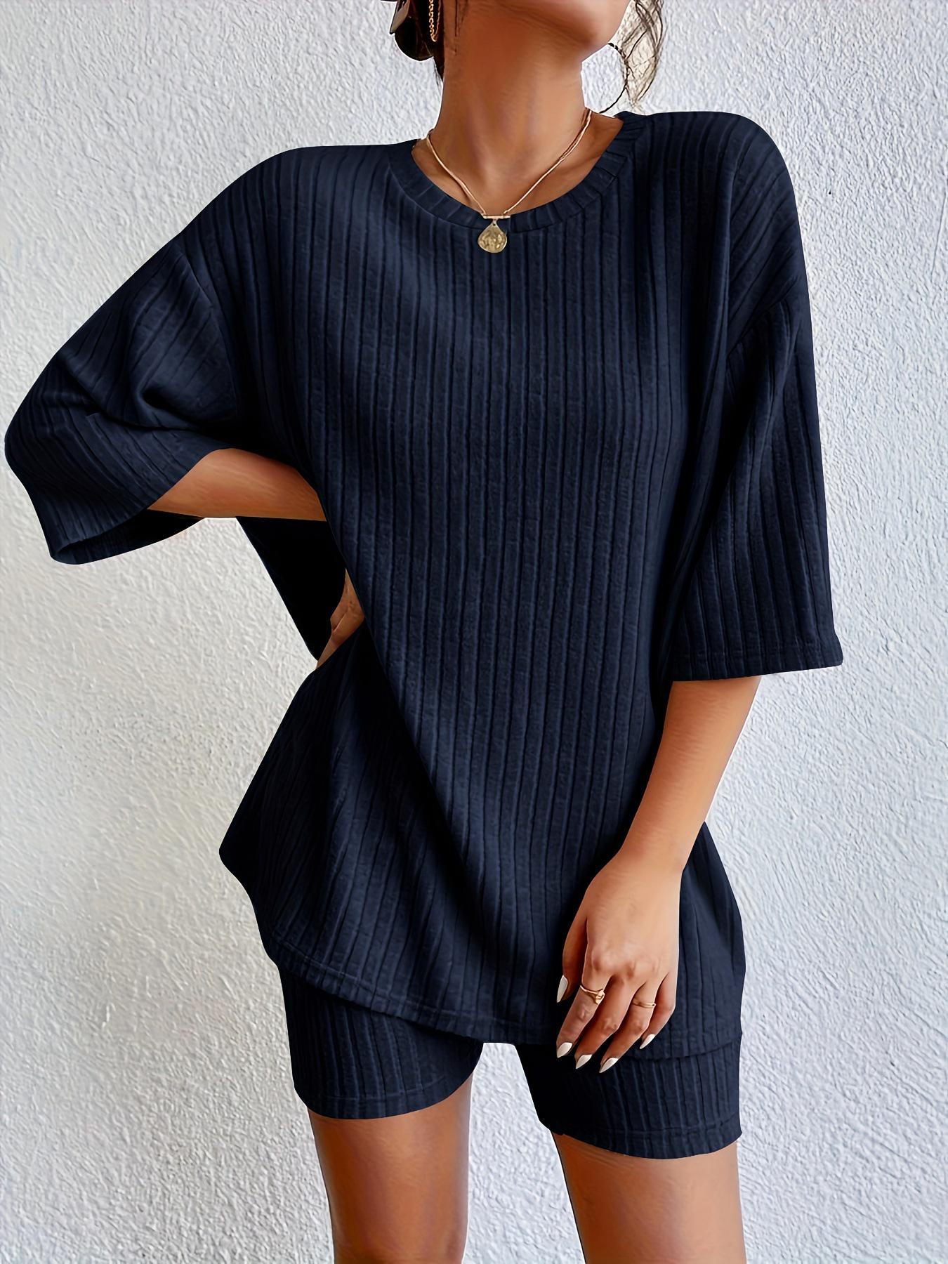 

“2025 European & American Women s Fashion: Summer Two-piece Knit Set with Short Sleeves” 5XL темно-синього кольору