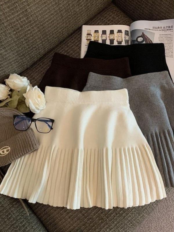Pleated Knitted A-line Mini Skirt for Women - High Waist, Slimming, Versatile, Petite Fit for Spring & Autumn
