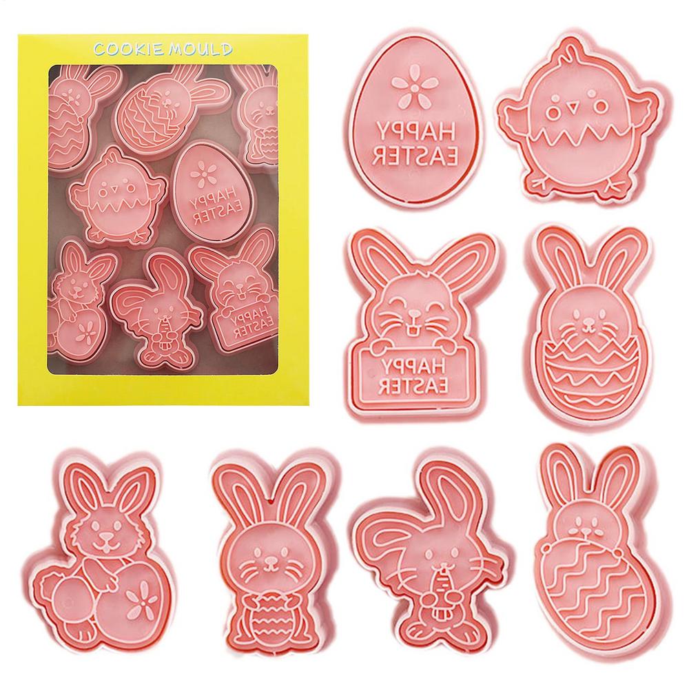 8Pcs Easter Cookie Cutters Mold DIY Rabbit Eggs Shapes Cookie Cutters 3D Cartoon Embossing Mold Cookie Stamp Baking Cake Tools