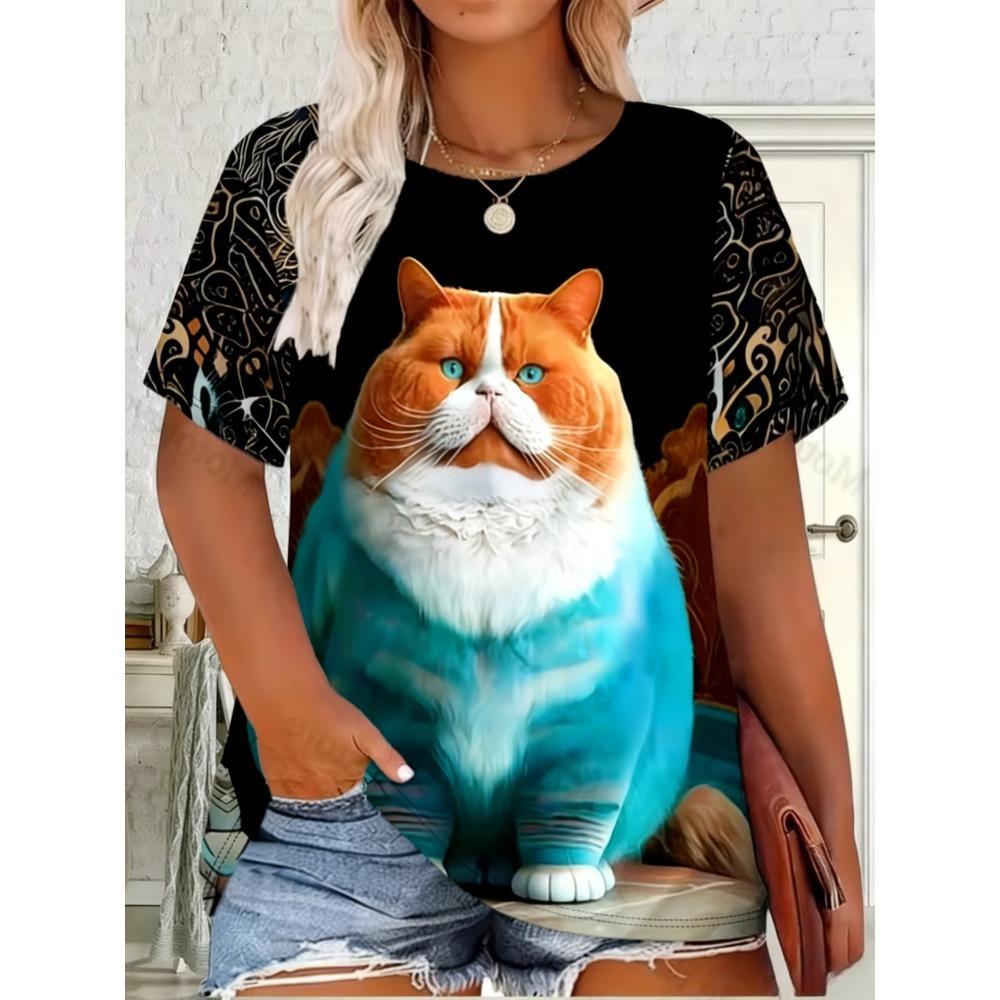 Fashion Cute Cat Pattern Women's T-Shirt Casual Comfortable Animal Printed OverSize Round Neck Short Sleeve T-Shirt