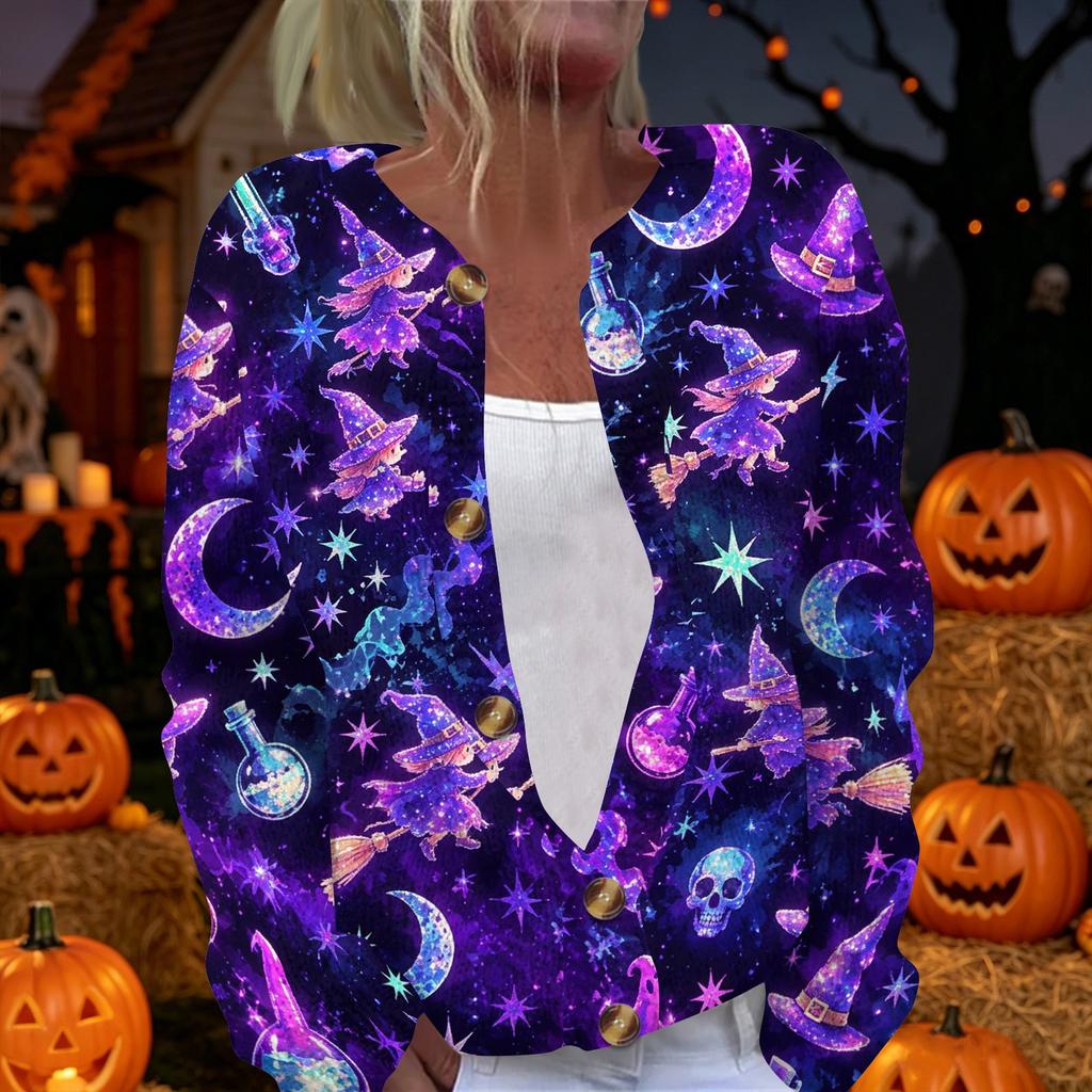 Womens Halloween Print Long Sleeve Knit Cardigan Button Up Sweater Coat Lightweight Casual Outerwear for Fall and Winter