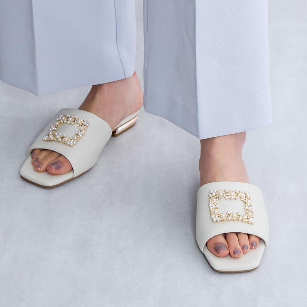 HIMIKO/Himiko/Pearl Buckle Flat Mule Sandals/641226 Ivory S